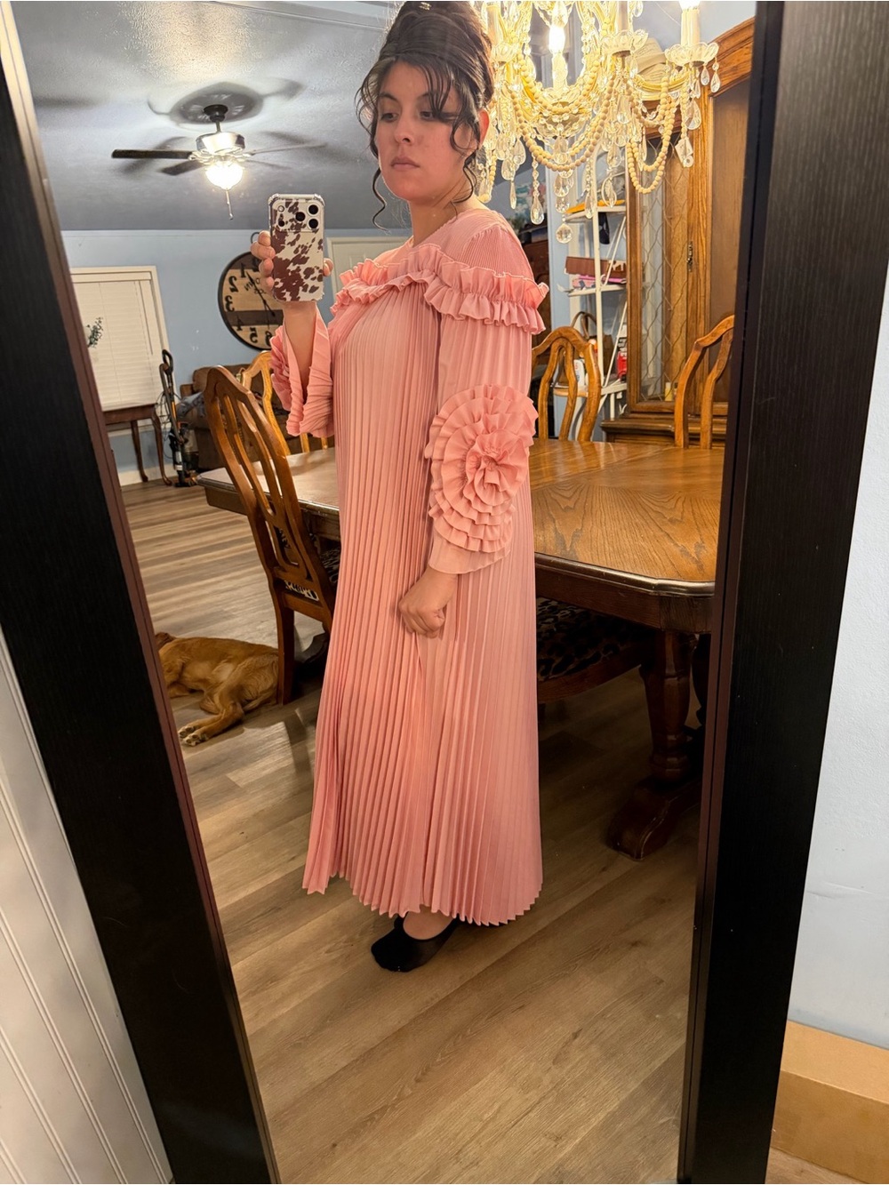 Pink Pleated Long Dress with Ruffle and Floral Sleeve Detail - Picture 3 of 6
